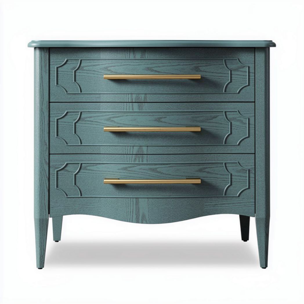 Three-drawer wooden chest in blue finish with gold handles 80 x 45 x 90cm