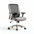 Mesh ergonomic office chair with adjustable armrests and grey fabric upholstery
