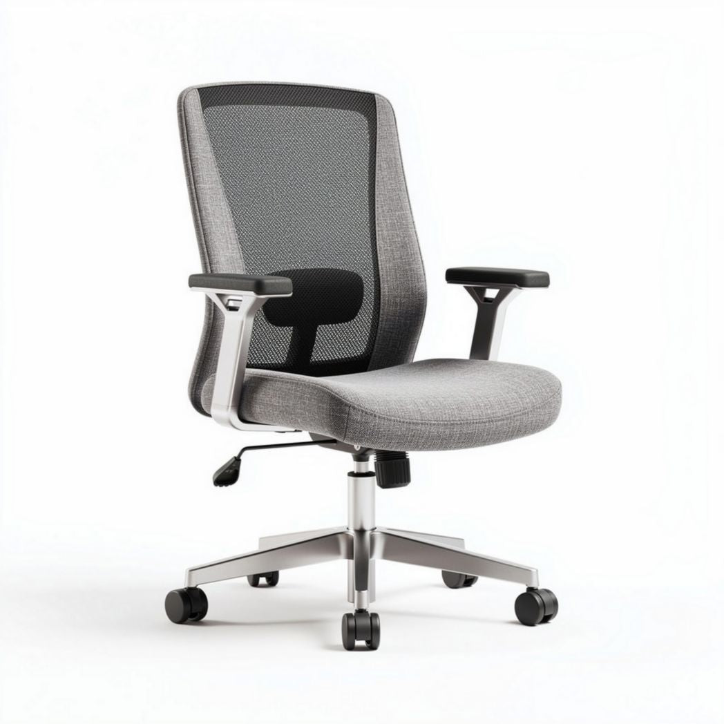 Mesh ergonomic office chair with adjustable armrests and grey fabric upholstery
