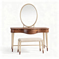 Modern vanity table with oval mirror natural wood finish and upholstered stool 90 x 40 x 75cm