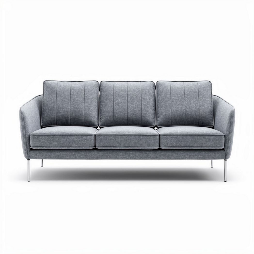 Sofa with three seats in light gray fabric and steel legs measuring 220 x 90 x 85cm