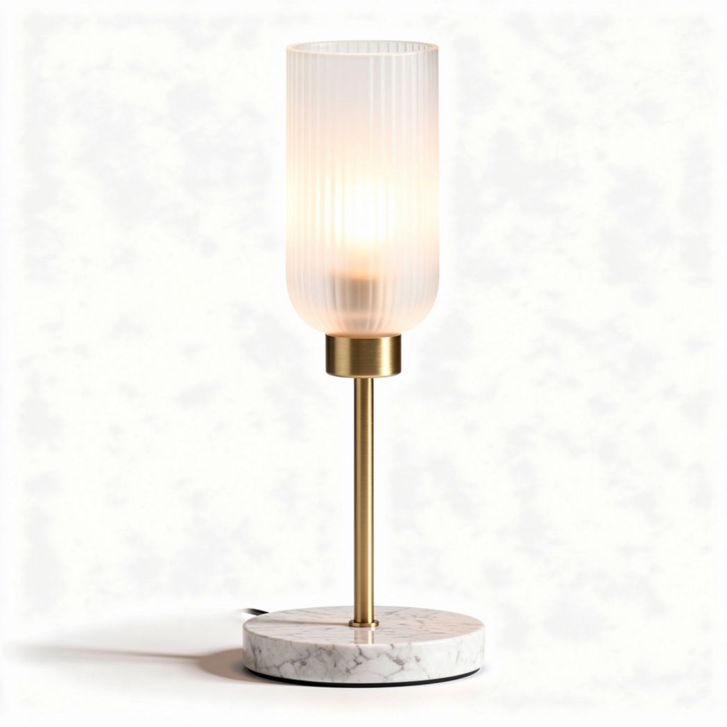 Marble base table lamp with frosted glass shade and brass accents 15 x 15 x 35cm