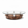 Round glass top coffee table with walnut wood base and white legs 80 x 80 x 30cm