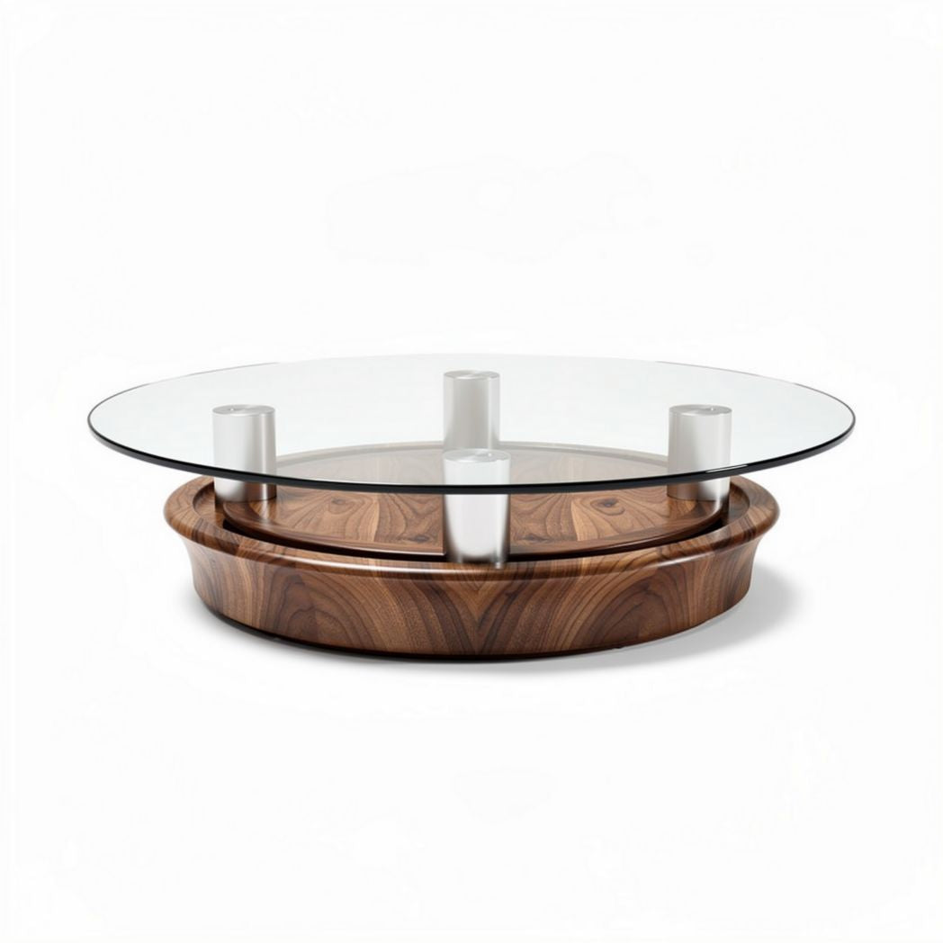 Round glass top coffee table with walnut wood base and white legs 80 x 80 x 30cm