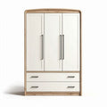 Three-door wardrobe with two drawers in white finish and natural wood accents