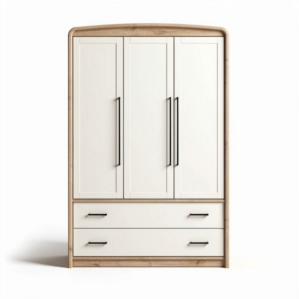 Three-door wardrobe with two drawers in white finish and natural wood accents