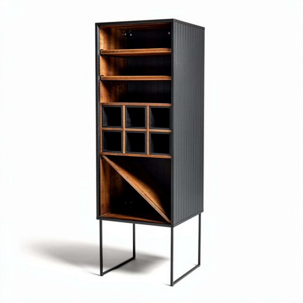 Metal and wood storage cabinet with shelves and geometric compartments 30 x 15 x 120cm