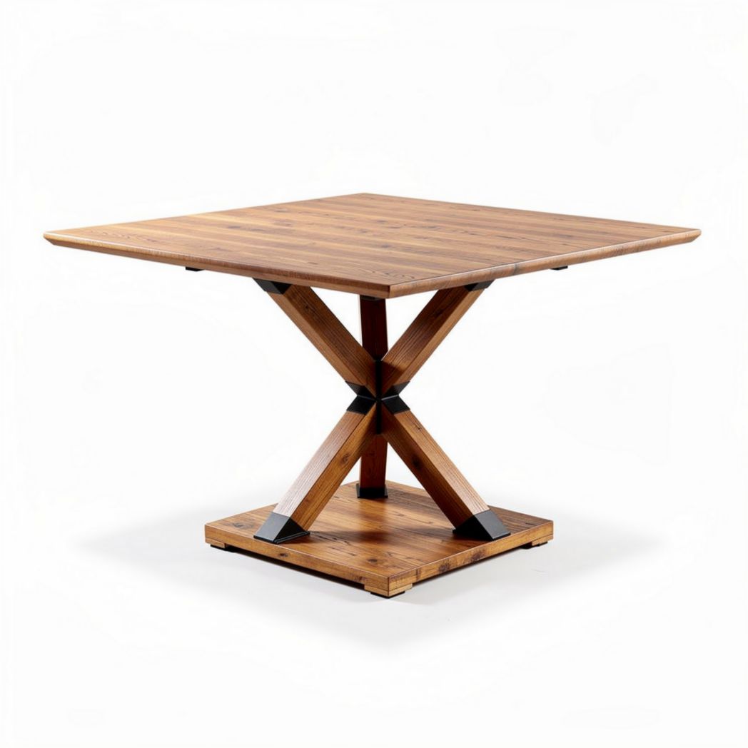 Square wooden dining table with cross base in rustic brown finish 80 x 80 x 75cm